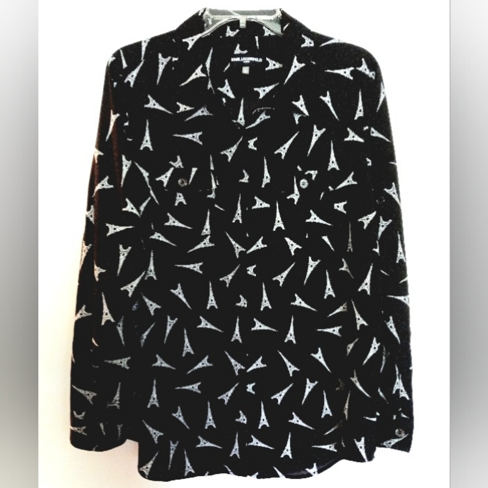 KARL LAGERFELD Black Tab Sleeve Eiffel Tower Paris Print Blouse Size Large